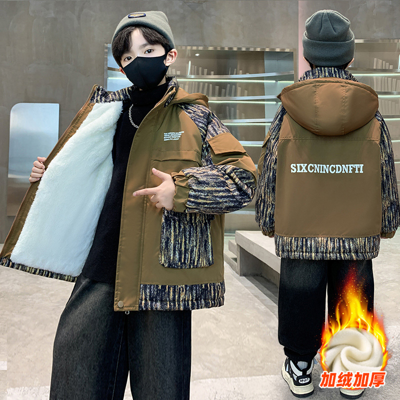 男童加绒外套秋冬季儿童加厚派克服新款男孩冬季夹棉上衣保暖，童装外套，摩比熊