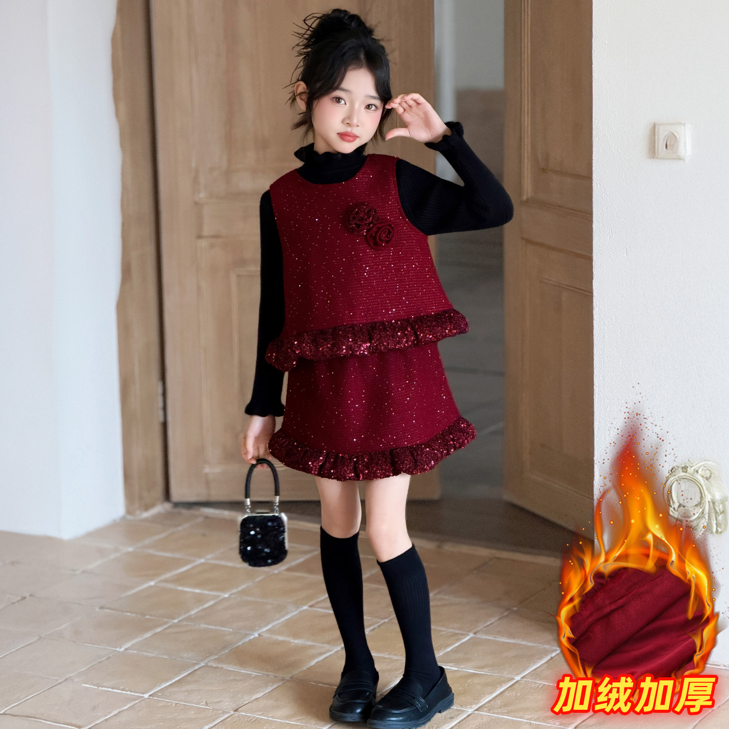 女童红色加绒套装裙拜年服新款女孩秋冬风背心短裙三件套潮，童装休闲套装，摩比熊