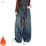 女童秋冬加绒牛仔裤新款百搭阔腿裤中大童纯色直筒裤长裤冬装，童装裤子，摩比熊