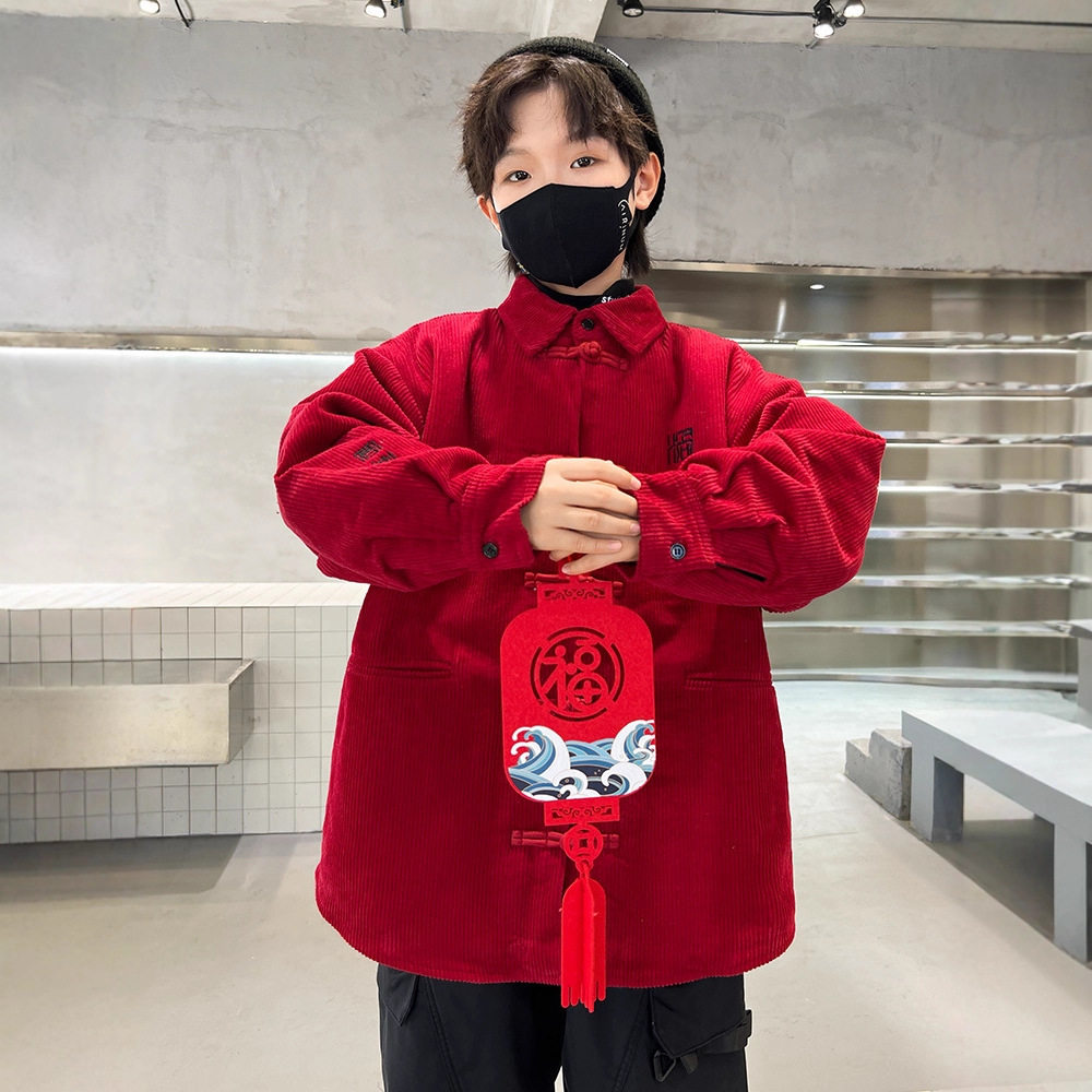 男童拜年服外套汉服新款中大儿童喜庆红色新年棉服唐装上衣潮，童装棉衣，摩比熊