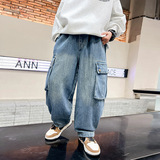 潮中大童秋装直筒工装牛仔裤新款儿童装男童秋季痞帅宽松裤子，童装裤子，摩比熊