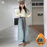 女童牛仔裤年秋冬加绒新款格纹腰带阔腿裤中大童休闲直筒长裤，童装裤子，摩比熊