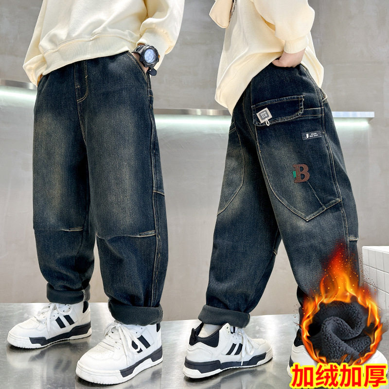 男童冬季一体加绒褶皱牛仔裤新款儿童装加厚保暖裤子，童装裤子，摩比熊