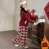 女童冬季洋气时髦红色开衫毛衣套装女大童拜年服儿童秋冬加绒裤子，童装毛衣，摩比熊