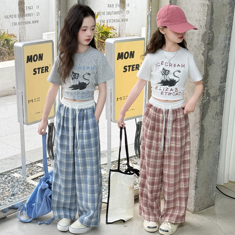 女童格子裤套装夏季新款女大童百搭阔腿裤儿童薄款休闲裤两件套潮，童装休闲套装，摩比熊