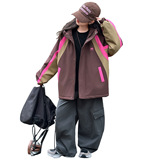 女童韩版休闲宽松拼色夹棉冲锋洋气女孩运动加厚连帽外套，童装外套，摩比熊