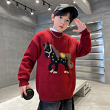 男童毛衣秋冬款新款中大儿童男孩冬季红色本命马年打底衫上衣，童装毛衣，摩比熊