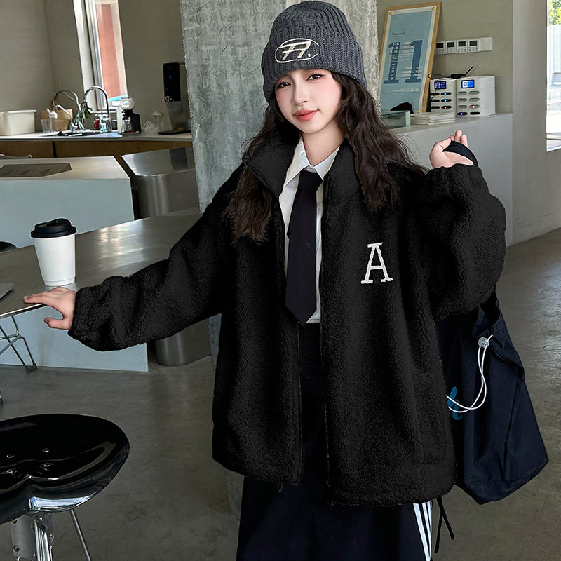 新款洋气女大童时髦立领宽松上衣潮女童冬装毛毛衣外套秋冬款，童装外套，摩比熊