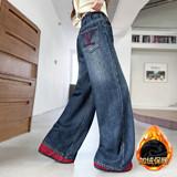 女童加绒裤子冬季女大童韩版超好看阔腿裤女孩初中生加厚牛仔裤潮，童装裤子，摩比熊