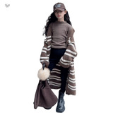 女童加厚长款毛衣开衫秋冬新款中大童慵懒风条纹针织外套韩系，童装毛衣，摩比熊