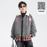 男大童冬季美式羊羔毛翻领派克工装棉服新款儿童运动加厚外套，童装外套，摩比熊