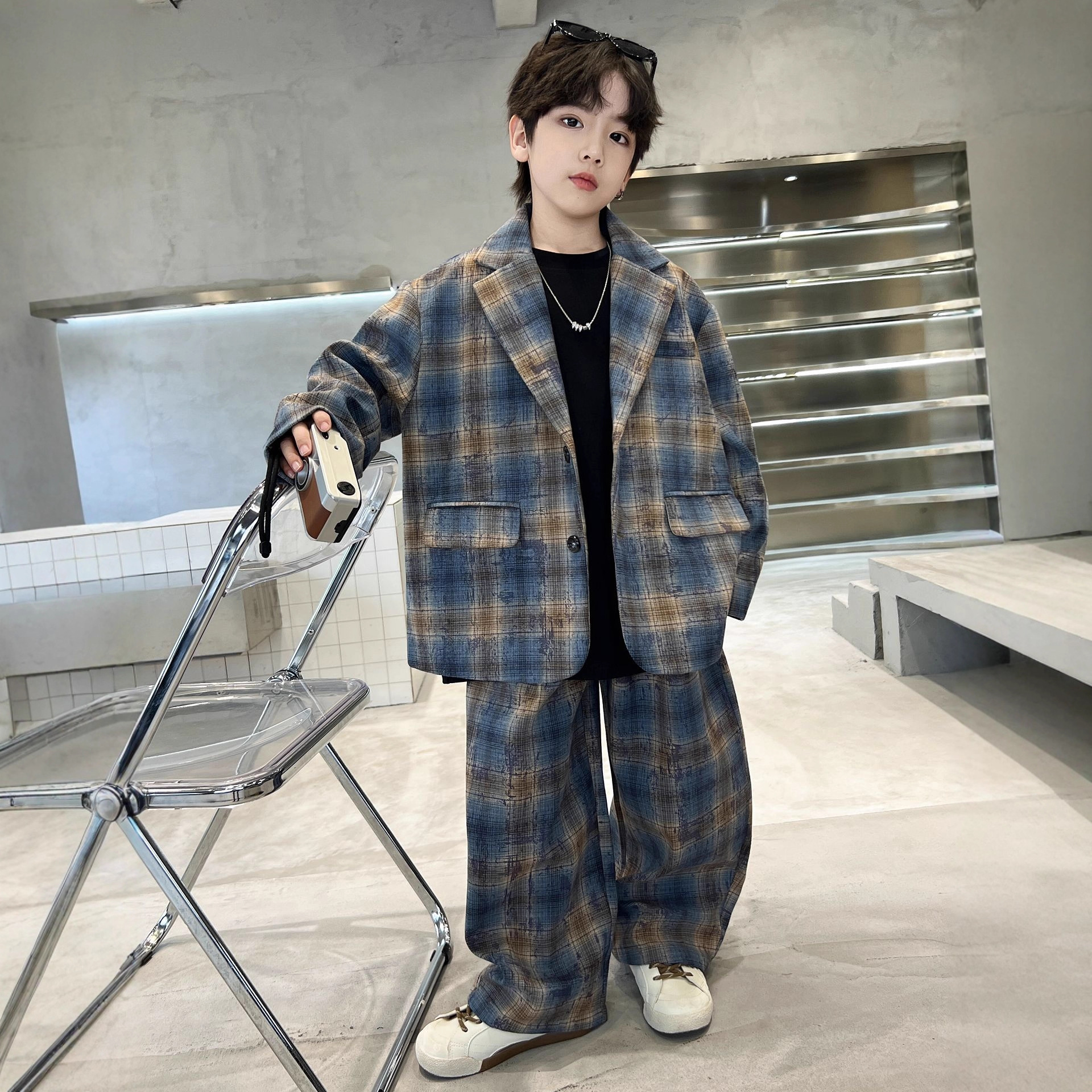 男童西服套装新款秋装中大儿童春秋款小西装两件套韩系洋气潮，童装休闲套装，摩比熊