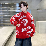 男童秋冬款毛衣新款中大童冬装加厚保暖儿童冬季红色毛线上衣，童装毛衣，摩比熊