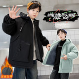 男童冬装中兔毛纯色连帽加绒棉衣大童新品冬季加厚棉服潮，童装棉衣，摩比熊