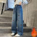 女童牛仔裤加绒年秋冬新款中大童樱桃刺绣阔腿裤休闲直筒长裤，童装裤子，摩比熊