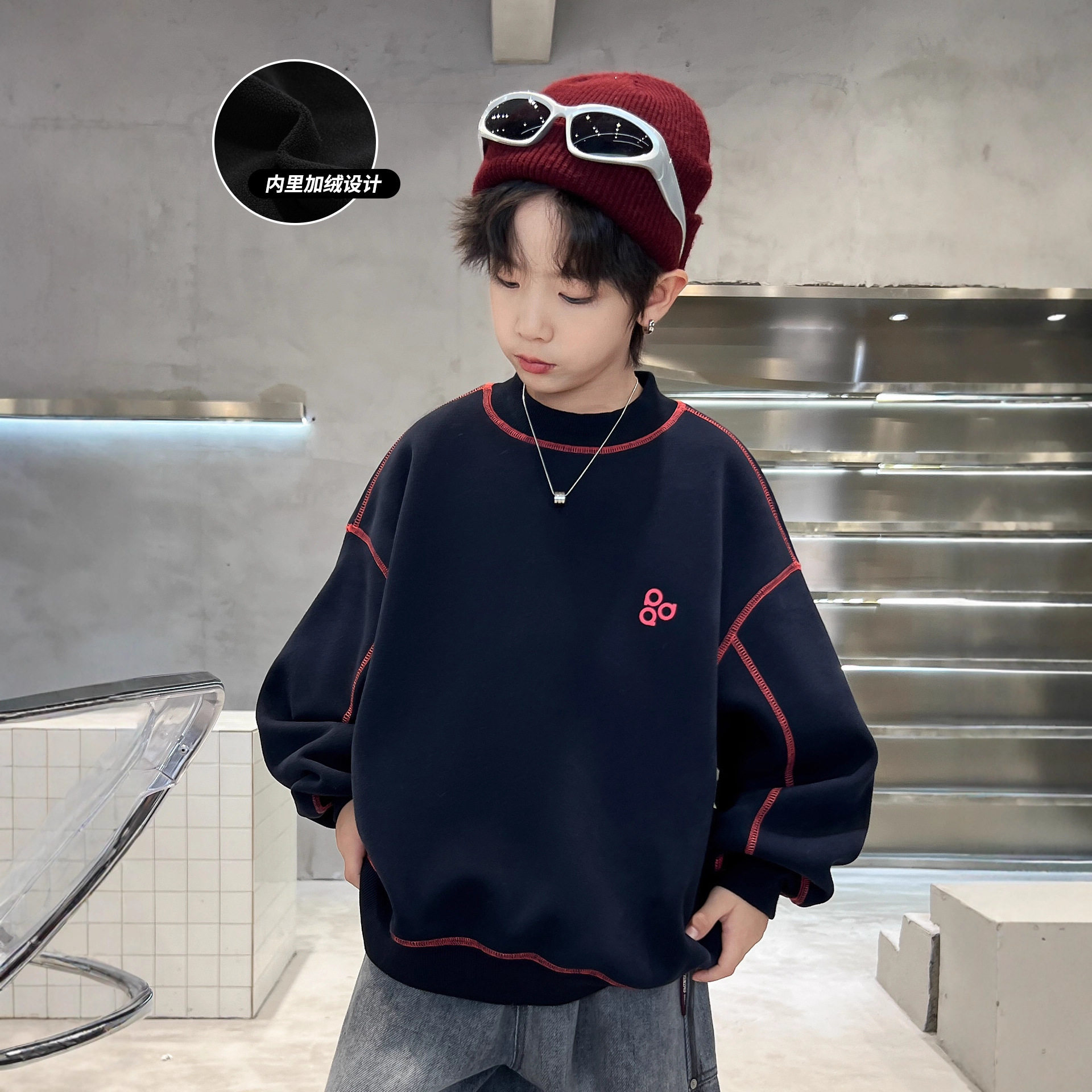 男童一体绒卫衣款新款儿童冬季加厚加绒上衣中大童冬装潮，童装卫衣/绒衫，摩比熊