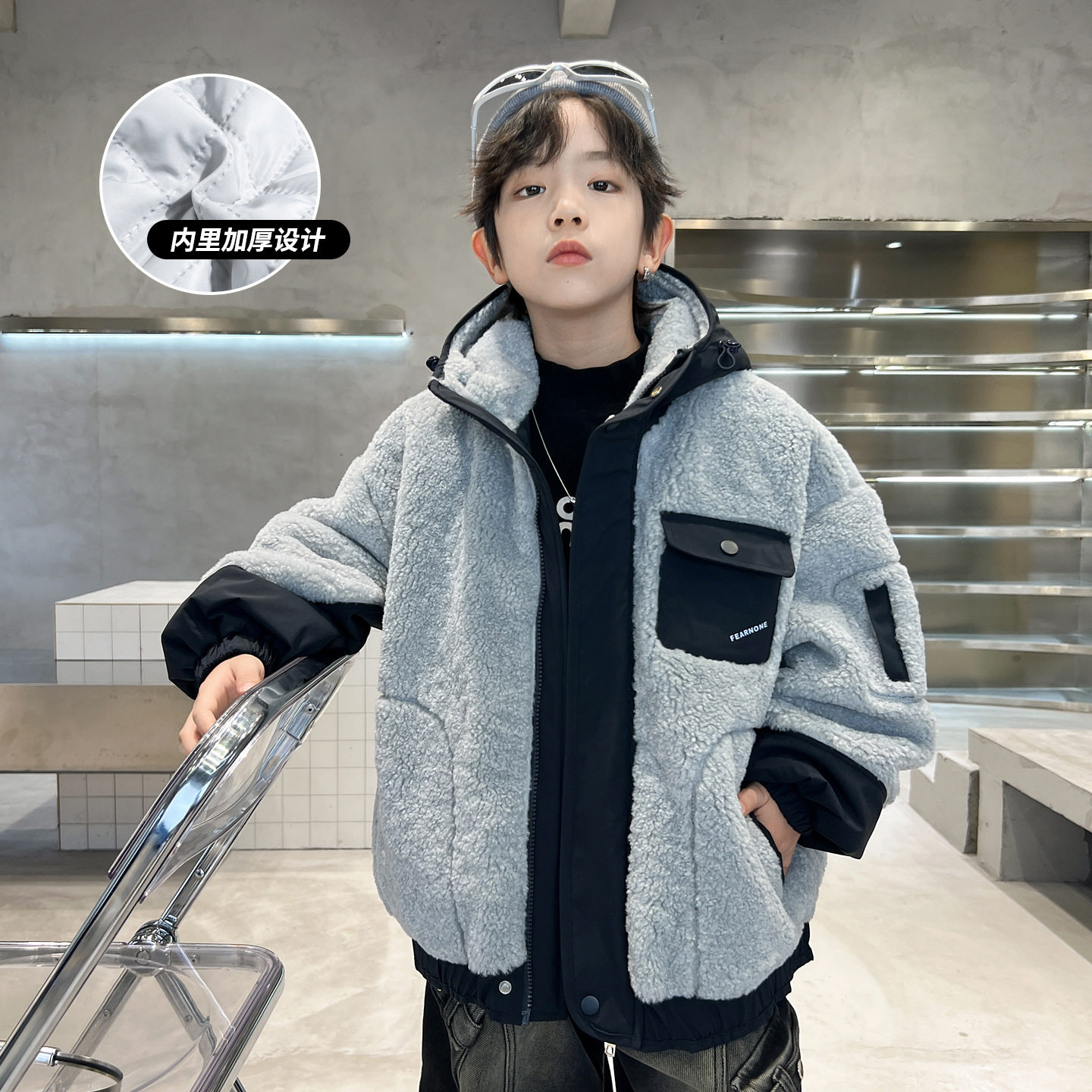 童装男童冬装夹棉连帽毛毛衣新款中大童冬季加厚外套，童装棉衣，摩比熊