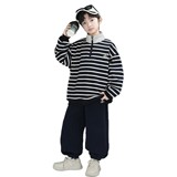 儿童装男童秋冬款加绒条纹卫衣运动套装新品一体绒加厚两件套，童装休闲套装，摩比熊