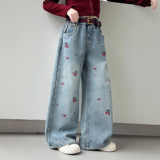 女童加绒牛仔裤秋冬装新款大童洋气加厚阔腿裤女孩冬季长裤子，童装裤子，摩比熊