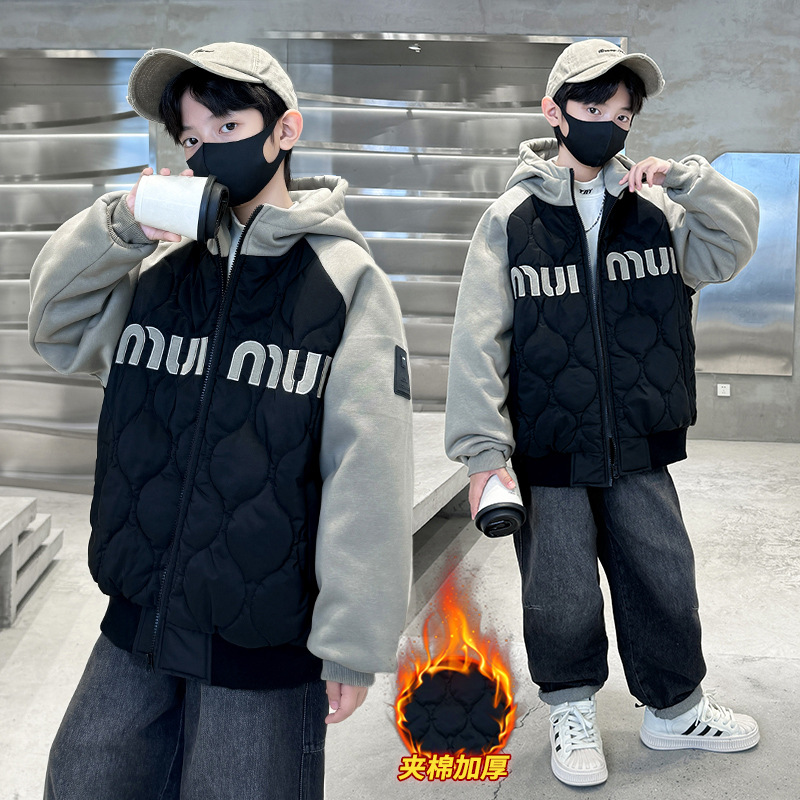 男童冬装新款连帽保暖棉服外套中大童韩版时髦绗线拼色棉衣，童装外套，摩比熊