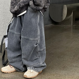 男童秋冬装一体绒牛仔裤新款中大童冬季宽松男孩阔腿直筒裤潮，童装裤子，摩比熊