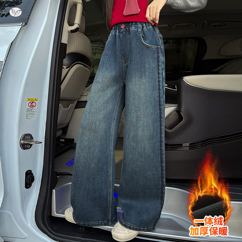 女童年冬季新款工艺侧边卡线加绒牛仔裤女大童加厚直筒阔腿裤，童装裤子，摩比熊