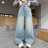 女童冬季新款后袋刺绣结加绒牛仔裤送腰带女孩保暖直筒裤，童装裤子，摩比熊