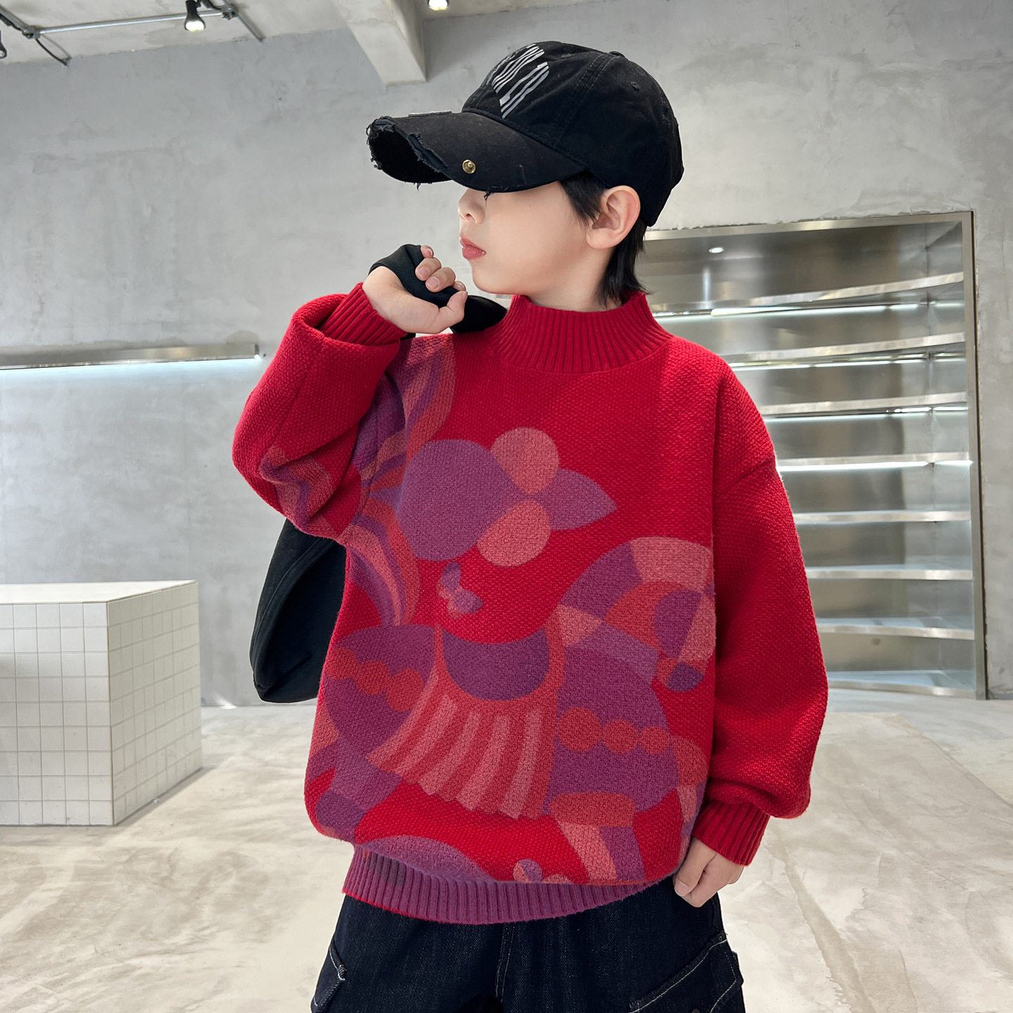 男童冬装卡通年服毛衣大童新款冬季男孩保暖加厚毛衫打底，童装毛衣，摩比熊