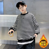 男童加绒卫衣款新款儿童毛线条纹上衣大童冬季加厚一体绒，童装卫衣/绒衫，摩比熊