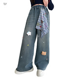 女童加绒牛仔裤年秋冬新款中大童彩色星星阔腿裤玩偶直筒长裤，童装裤子，摩比熊