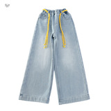 女童冬季新款后袋刺绣结加绒牛仔裤送腰带女孩保暖直筒裤，童装裤子，摩比熊