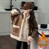 女童皮毛一体外套秋冬新款儿童洋气加绒女大童冬季羊羔绒上衣，童装外套，摩比熊