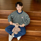 男童条纹套头睡衣加厚中大童秋冬款时髦绒软糯家居服男孩外穿套装，童装家居服（睡衣），摩比熊