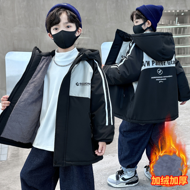 男童加绒外套秋冬款新款中大童加厚冲锋衣儿童派克服男孩棉衣，童装外套，摩比熊