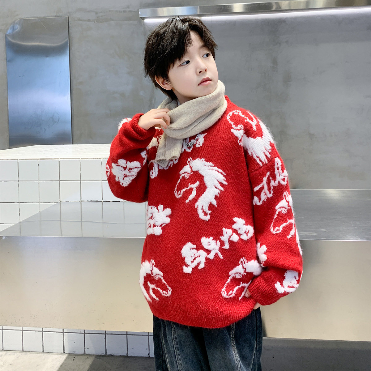 男童秋冬款毛衣新款中大童冬装加厚保暖儿童冬季红色毛线上衣，童装毛衣，摩比熊