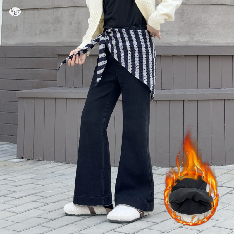 女童加绒喇叭裤年秋冬新款中大童复古修身牛仔微喇裤休闲长裤，童装裤子，摩比熊