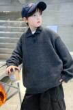 男童领针织衫翻领毛衣秋冬季百搭男孩加厚毛线衣保暖洋气外套，童装毛衣，摩比熊