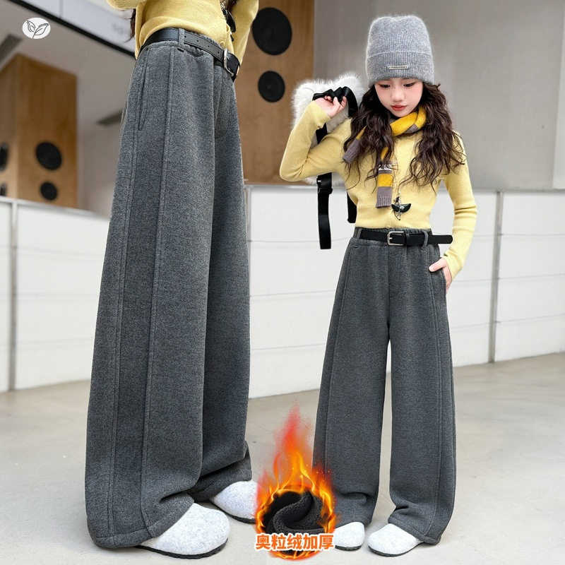 女童加绒弯刀裤年秋冬新款休闲拼接阔腿裤中大童显瘦直筒长裤，童装裤子，摩比熊