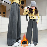 女童加绒弯刀裤年秋冬新款休闲拼接阔腿裤中大童显瘦直筒长裤，童装裤子，摩比熊