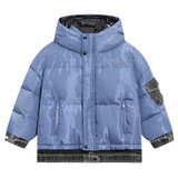 男大童冬装镭射牛仔拼接防寒面包羽绒服新款青少年儿童装外套，童装羽绒服，摩比熊
