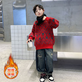 男童冬装菱格提花红色年服毛衣大童冬季加厚保暖针织毛线衣潮，童装毛衣，摩比熊