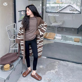 女童加厚长款毛衣开衫秋冬新款中大童慵懒风条纹针织外套韩系，童装毛衣，摩比熊