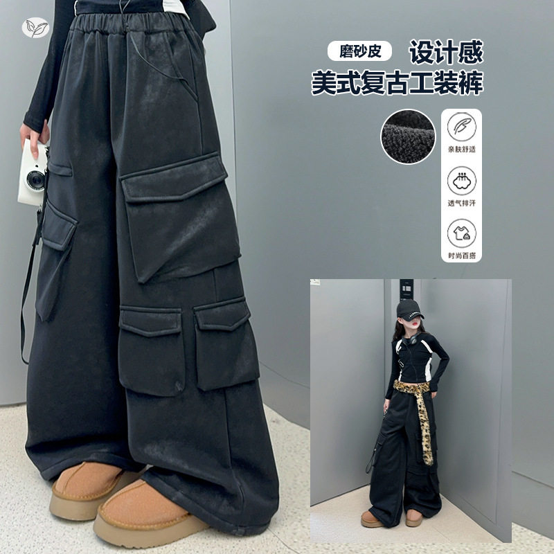 女童年秋冬新款嘻哈风加绒工装皮裤打底套装中大童冬季加绒潮，童装休闲套装，摩比熊