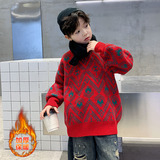 男童冬装菱格提花红色年服毛衣大童冬季加厚保暖针织毛线衣潮，童装毛衣，摩比熊