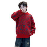 男童冬装菱格提花红色年服毛衣大童冬季加厚保暖针织毛线衣潮，童装毛衣，摩比熊