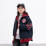 男童秋冬装休闲假两件格子连帽外套新款中大童冬季时髦上衣潮，童装外套，摩比熊