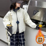 女童韩版翻领短款棉衣加厚拼格子上衣女孩宽松拉链棉服外套潮，童装外套，摩比熊