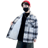 男童秋冬夹棉格子衬衣外套大童新款校服内搭男孩保暖上衣，童装外套，摩比熊