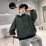 男童加绒卫衣新款冬装中大儿童加厚一体绒连帽条纹上衣潮，童装卫衣/绒衫，摩比熊