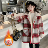女童毛呢外套中长款秋冬款加厚加绒新款中大儿童格子呢子大衣，童装外套，摩比熊
